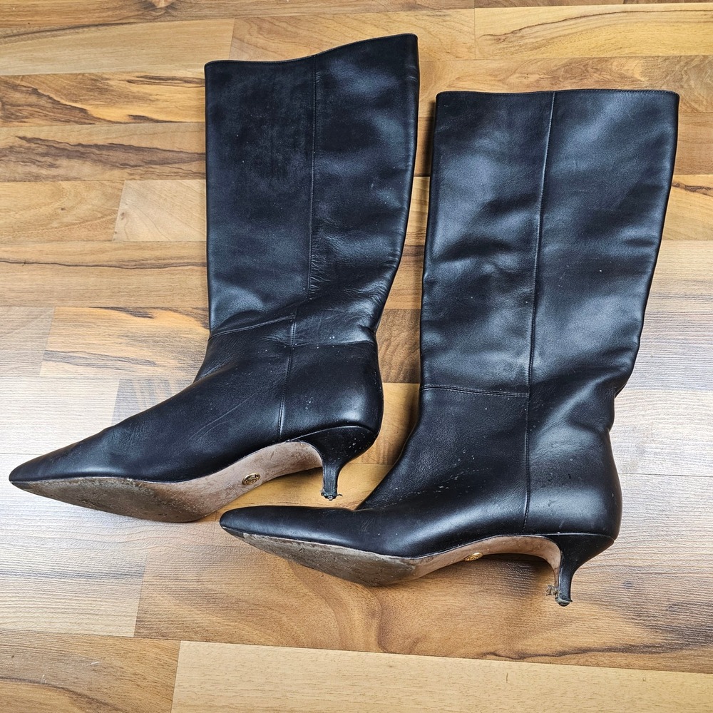 Veronica Beard Lisa Knee High‎ Leather Boots Kitten Heel Black 10M Wide Calf
